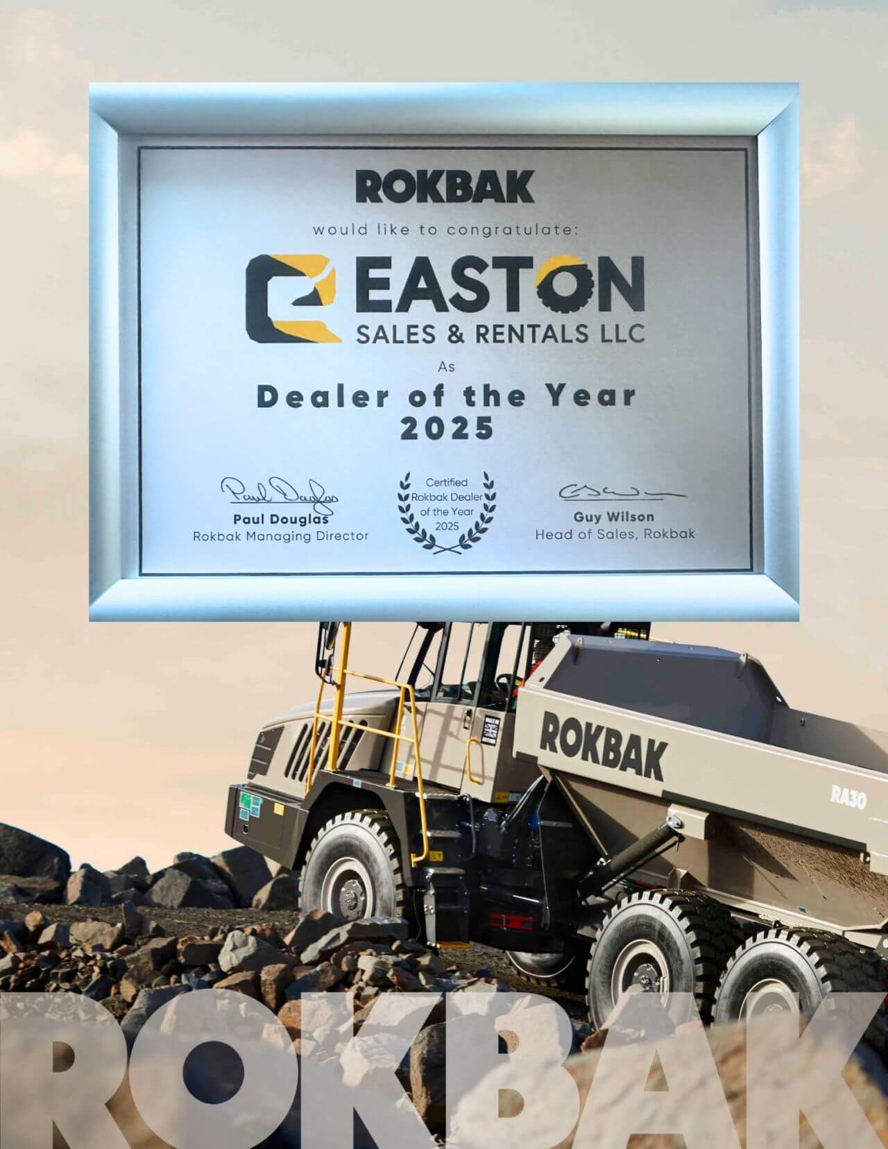 Rokbak Certificate of Dealer of the Year 2025